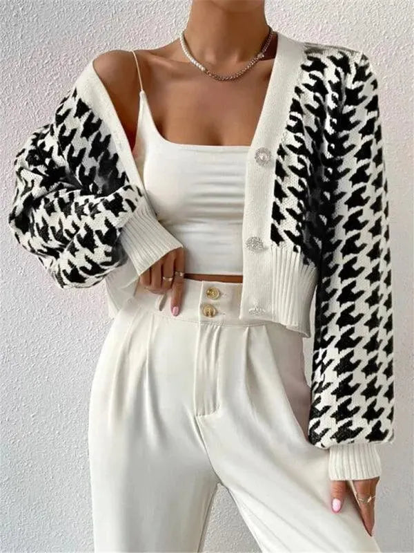 Houndstooth Lantern Sleeve Cardigan Sweater - Cardigan Sweater - LeStyleParfait
