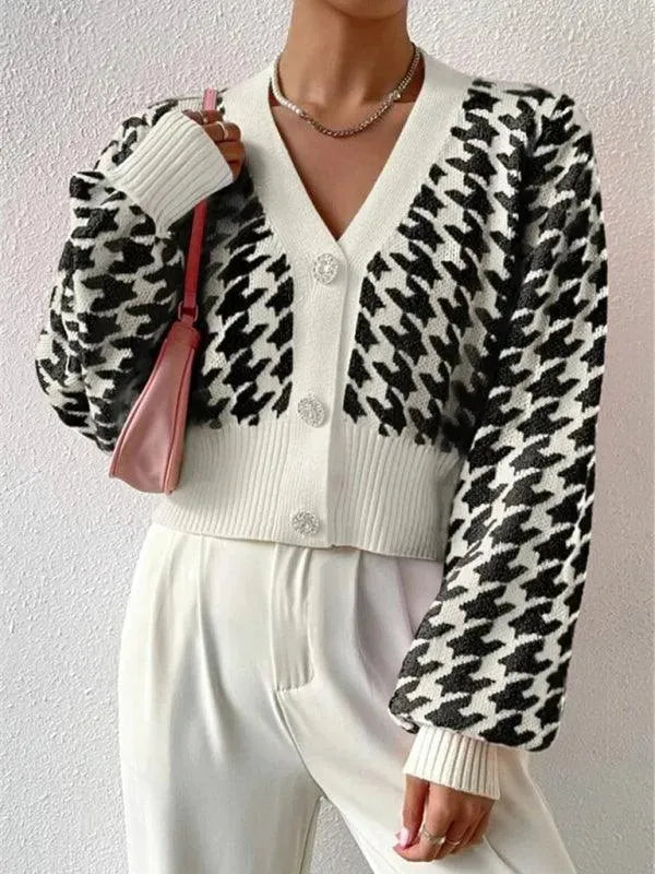 Houndstooth Lantern Sleeve Cardigan Sweater - Cardigan Sweater - LeStyleParfait