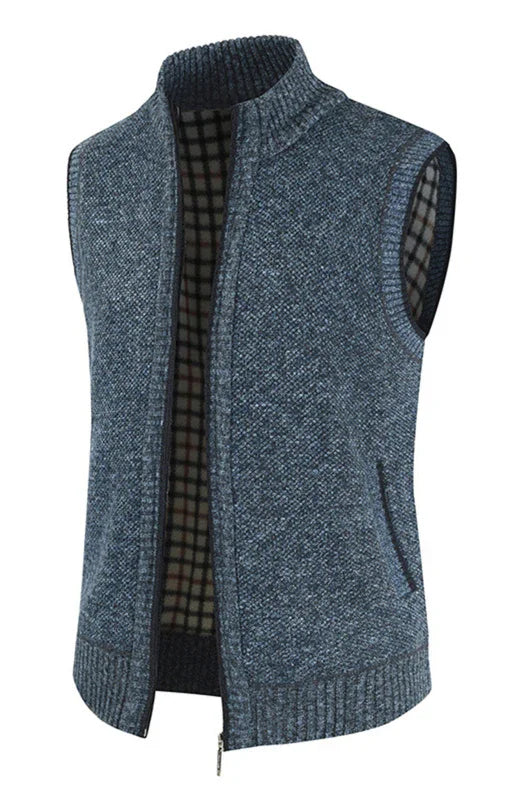 Gilet zippé pour homme, couleur unie, col montant, sans manches, en maille. 