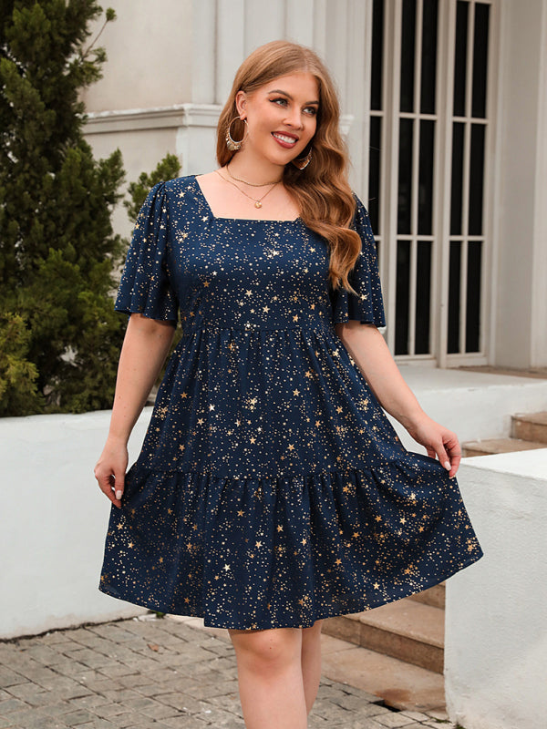 Casual Geometric Square Neck Knee Dress