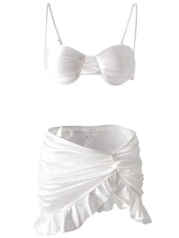 Women White Push Up Skirted Bikini Set