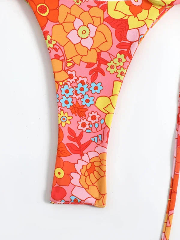Ensemble de bikini ficelle taille haute fleuri rouge pour femme