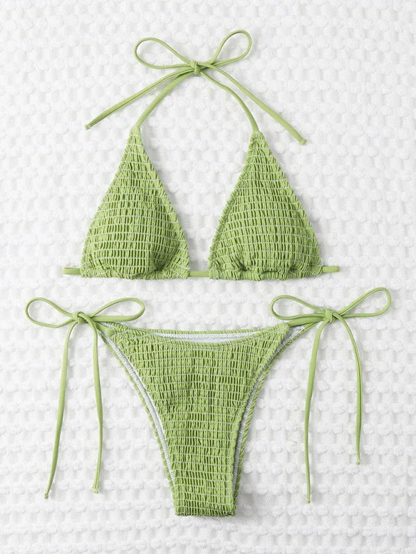 Ensemble de bikini triangle vert à lacets pour femme