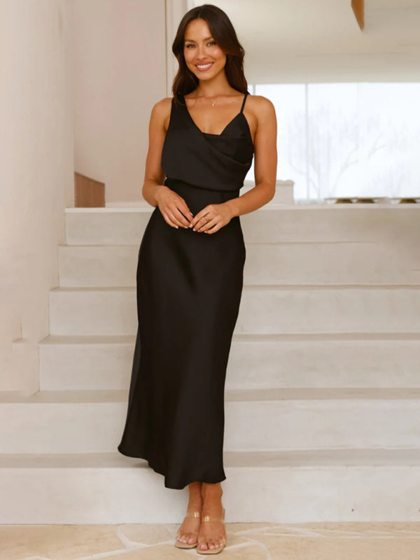 Chic Satin Cowl Neck Midi Dress