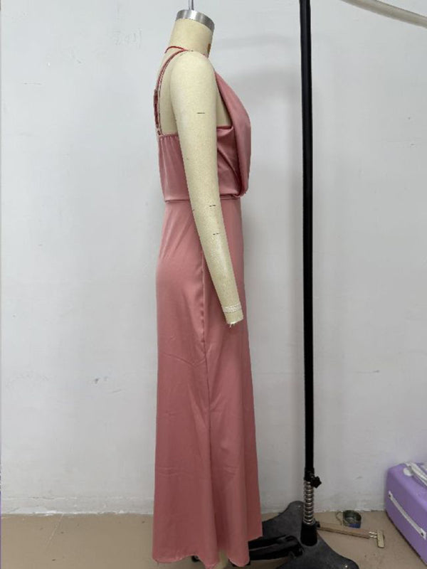 Chic Satin Cowl Neck Midi Dress