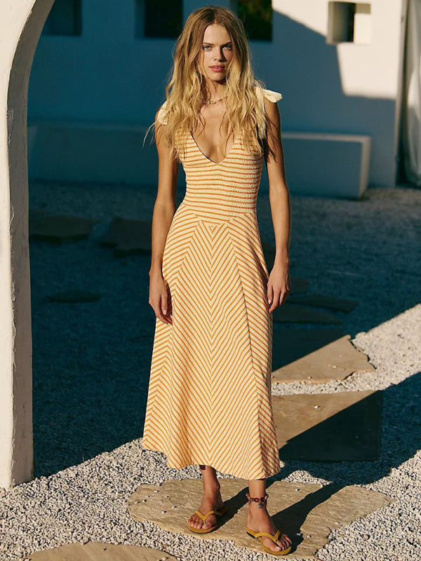 Chic Striped Lace Up Midi Dress