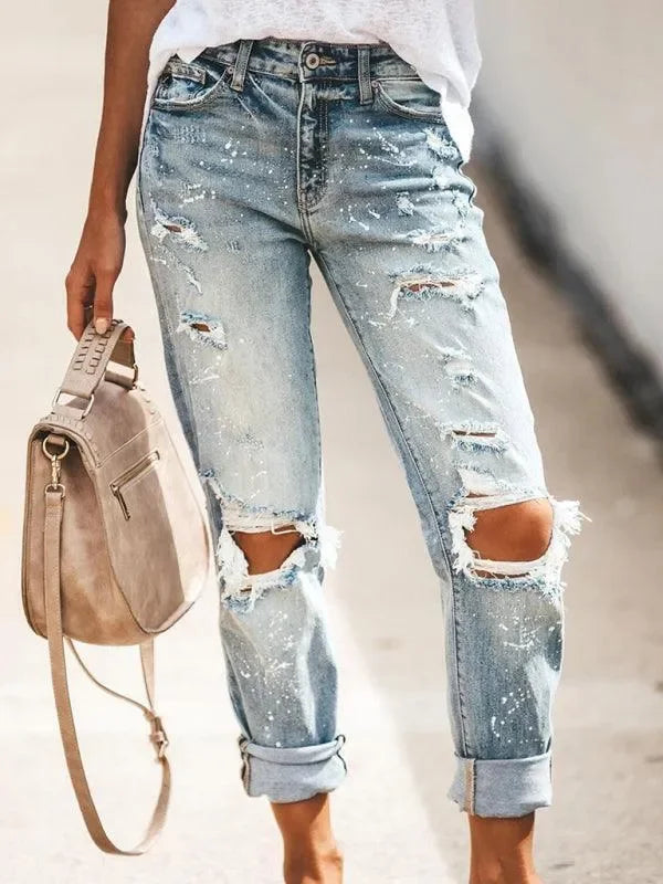 Ladies Ripped Straight-Leg Jeans - Women Jeans - LeStyleParfait