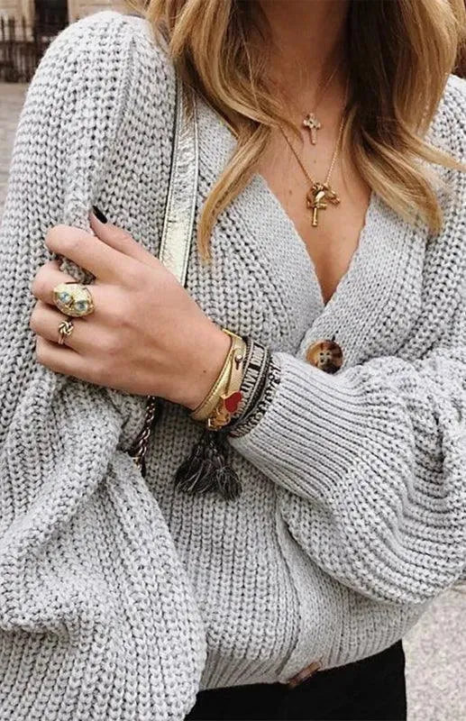 Lantern Sleeve Button Women Cardigan Sweater - Cardigan Sweater - LeStyleParfait
