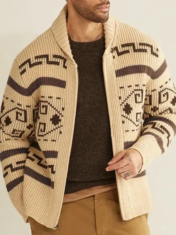 Lapel Jacquard Men Cardigan Sweater - Cardigan Sweater - LeStyleParfait