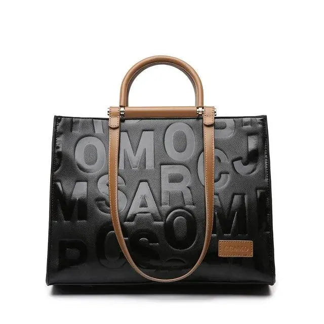 Letter-Embossed Leather Handbag - Handbag - LeStyleParfait