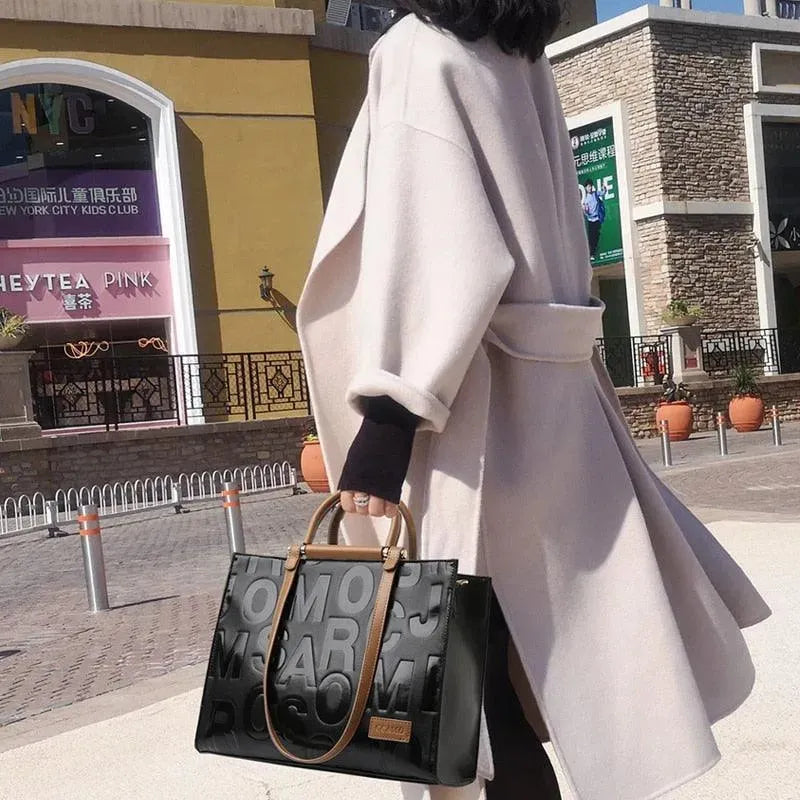 Letter-Embossed Leather Handbag - Handbag - LeStyleParfait