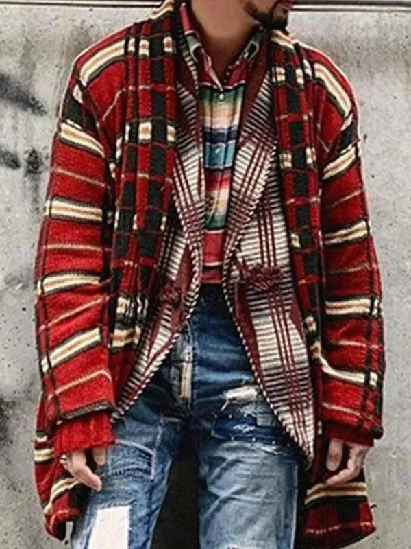 Long Plaid Knitted Men Cardigan Sweater - Cardigan Sweater - LeStyleParfait