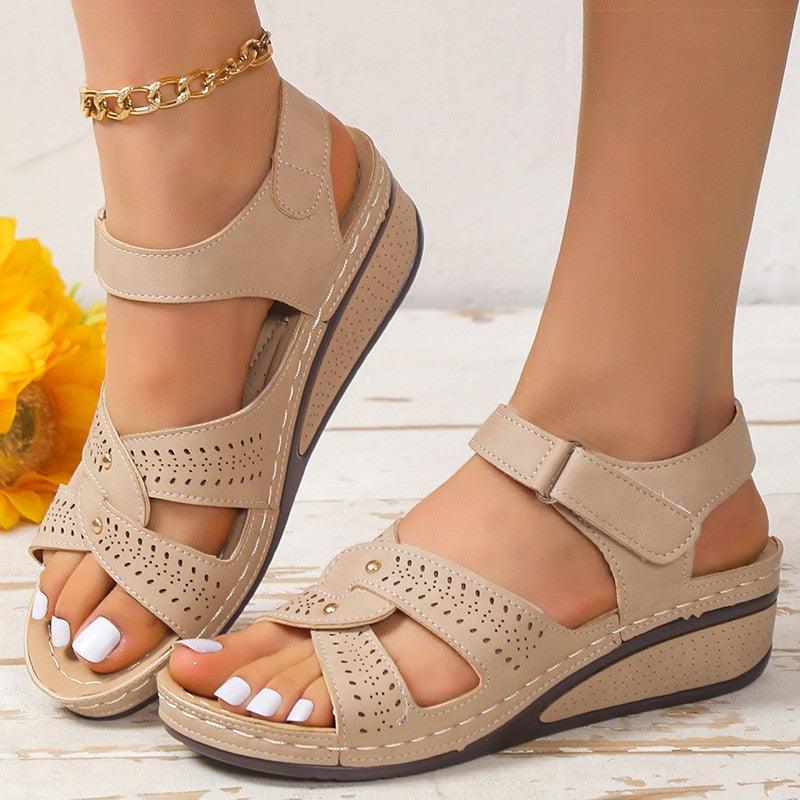 Low Heel Leather Wedge Sandals - Wedge Shoes - LeStyleParfait