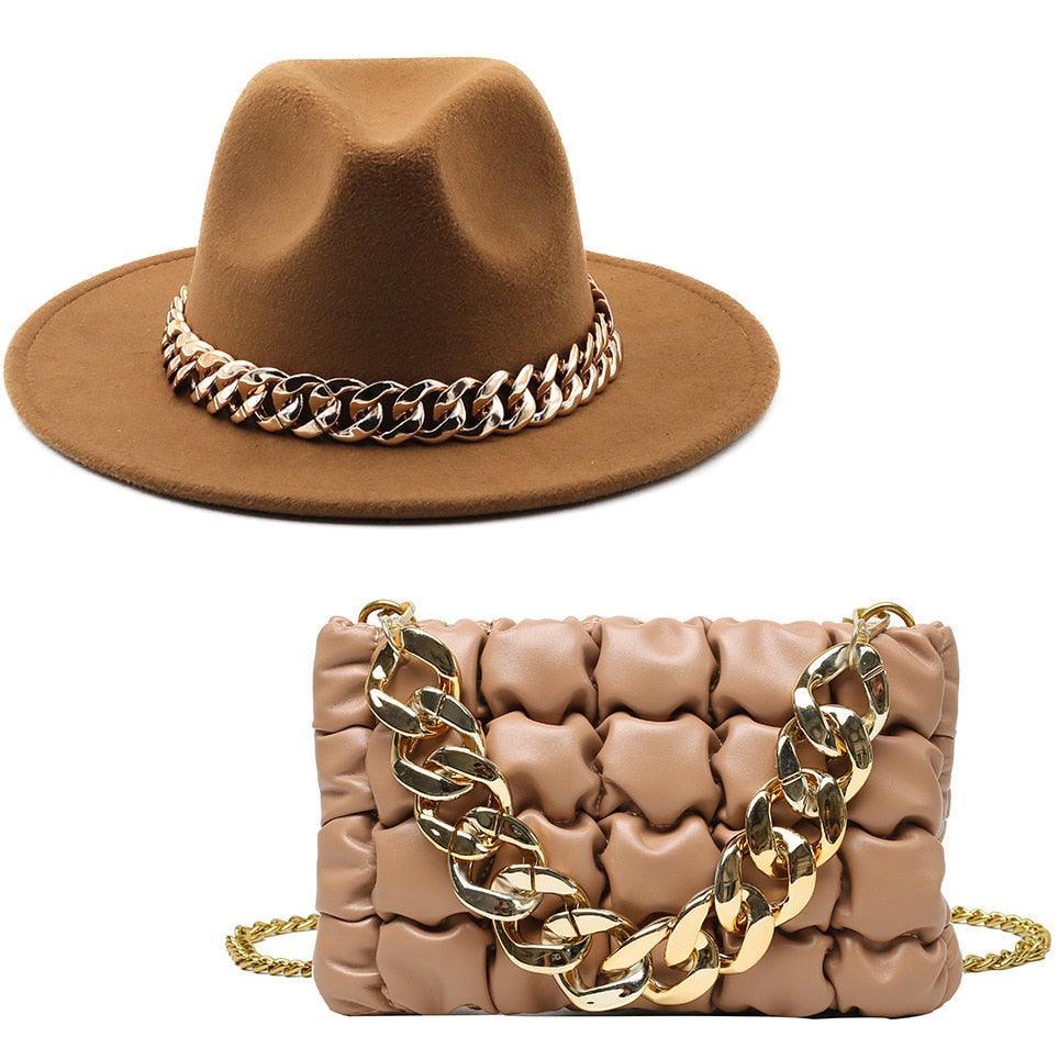 Luxury Fedora Hat And Oversized Chain Handbag - Fedora Hat - LeStyleParfait