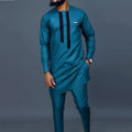 Men Bold Teal Long Top Set - Solid Trousers Two-Piece Set - LeStyleParfait