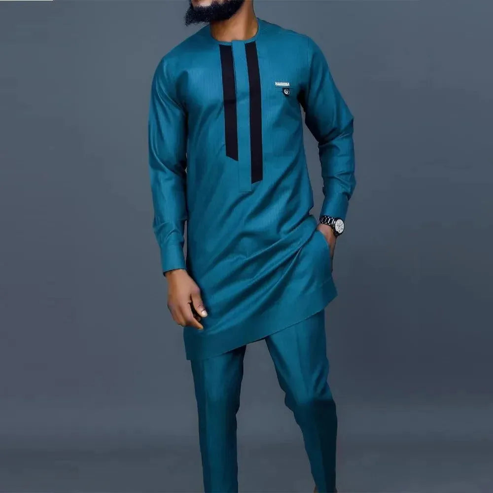 Men Bold Teal Long Top Set - Solid Trousers Two-Piece Set - LeStyleParfait