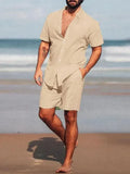 Men Casual Button-Down Summer Shorts Set - Solid Casual Shorts Two-Piece Set - LeStyleParfait