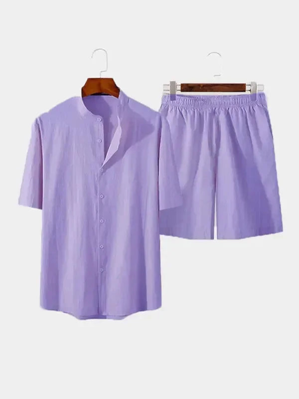Men Casual Button-Down Summer Shorts Set - Solid Casual Shorts Two-Piece Set - LeStyleParfait