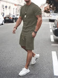Men Casual Olive Crewneck Cotton Shorts Set - Solid Shorts Two-Piece Set - LeStyleParfait