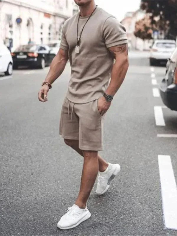 Men Casual Olive Crewneck Cotton Shorts Set - Solid Shorts Two-Piece Set - LeStyleParfait