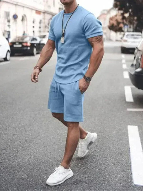 Men Casual Olive Crewneck Cotton Shorts Set - Solid Shorts Two-Piece Set - LeStyleParfait