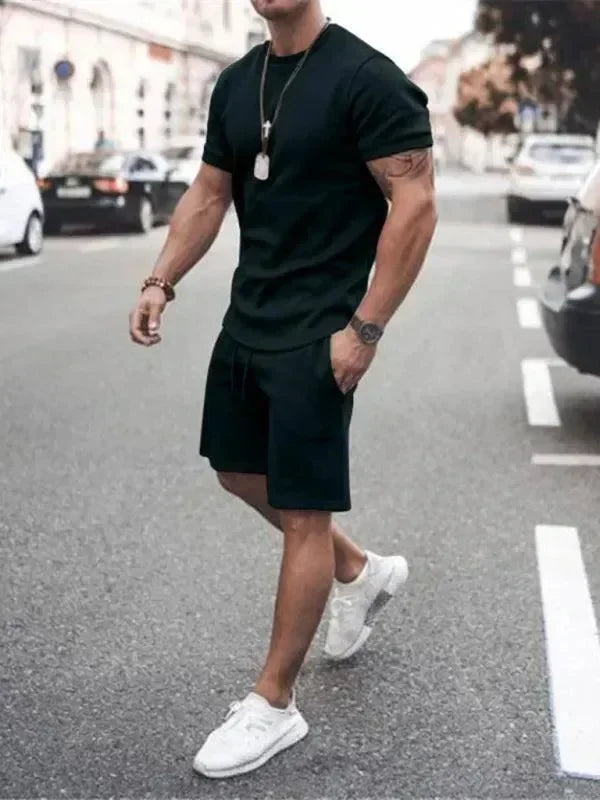 Men Casual Olive Crewneck Cotton Shorts Set - Solid Shorts Two-Piece Set - LeStyleParfait