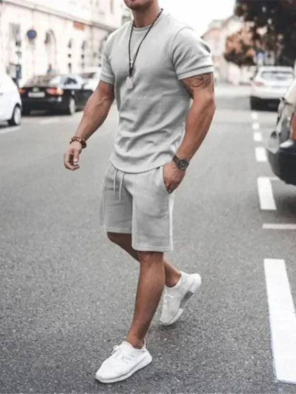 Men Casual Olive Crewneck Cotton Shorts Set - Solid Shorts Two-Piece Set - LeStyleParfait