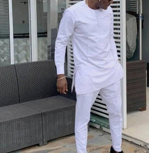 Men Elegant White African Two-Piece Set - Solid Pants Two-Piece Set - LeStyleParfait