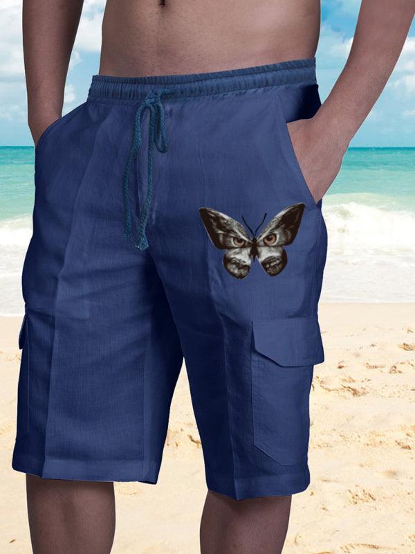 Men Linen Cargo Shorts Cat Print - Shorts - LeStyleParfait