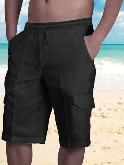 Men Linen Cargo Shorts Cat Print - Shorts - LeStyleParfait