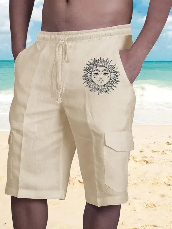 Men Linen Cargo Shorts Sunny Face - Shorts - LeStyleParfait