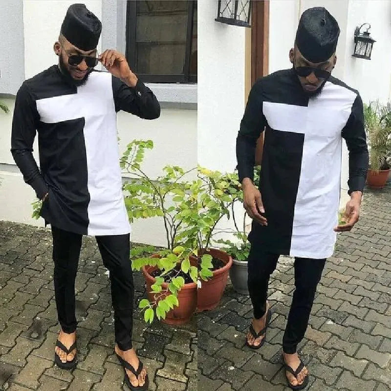Men Polished Colorblock African Pants Set - Colorblock Pants Two-Piece Set - LeStyleParfait