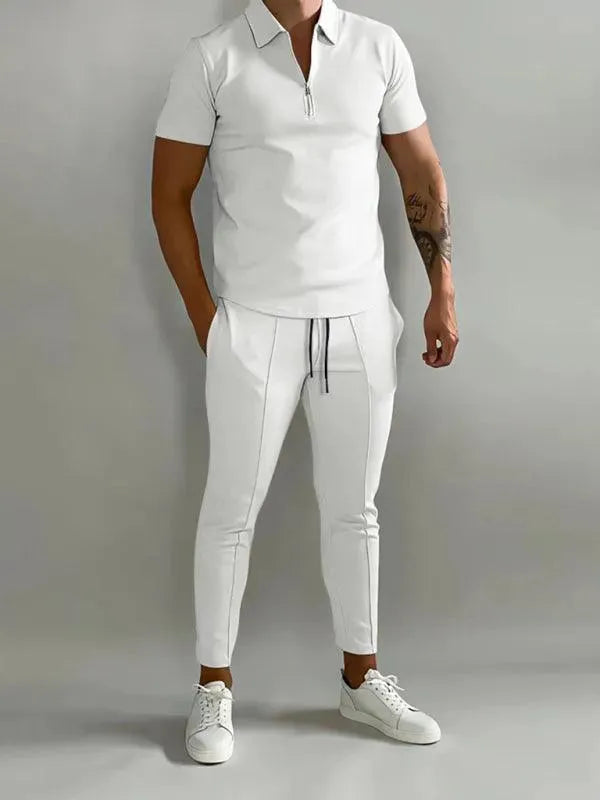 Men Trousers Set Two-Piece Outfit Solid Zipper Short Sleeve Slim Fit Cotton Spring Casual | LeStyleParfait