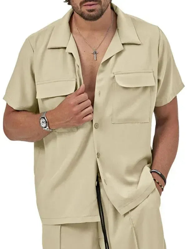 Men Shorts Set Two-Piece Outfit Solid Button-Down Short Sleeve Relaxed Fit Cotton Summer Casual | LeStyleParfait
