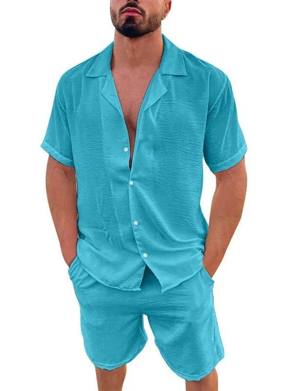 Men Relaxed Casual Linen Shorts Set - Solid Casual Shorts Two-Piece Set - LeStyleParfait