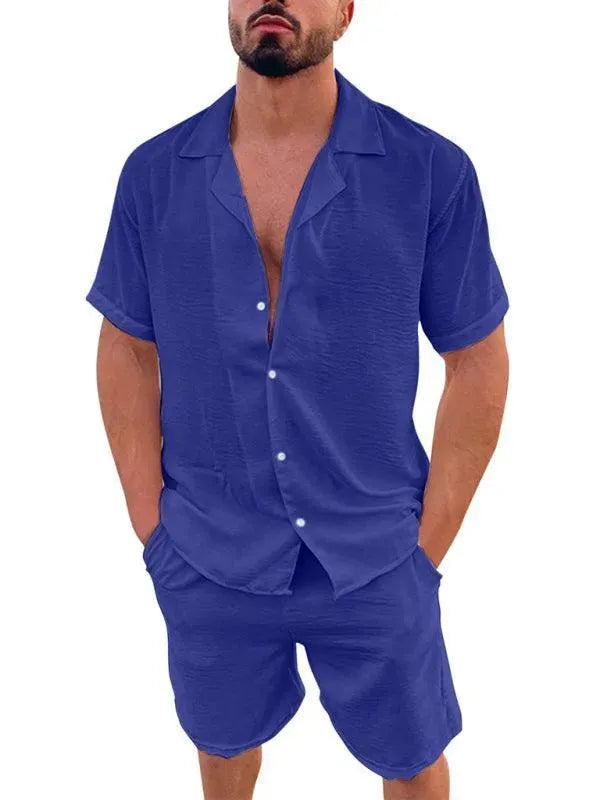 Men Relaxed Casual Linen Shorts Set - Solid Casual Shorts Two-Piece Set - LeStyleParfait