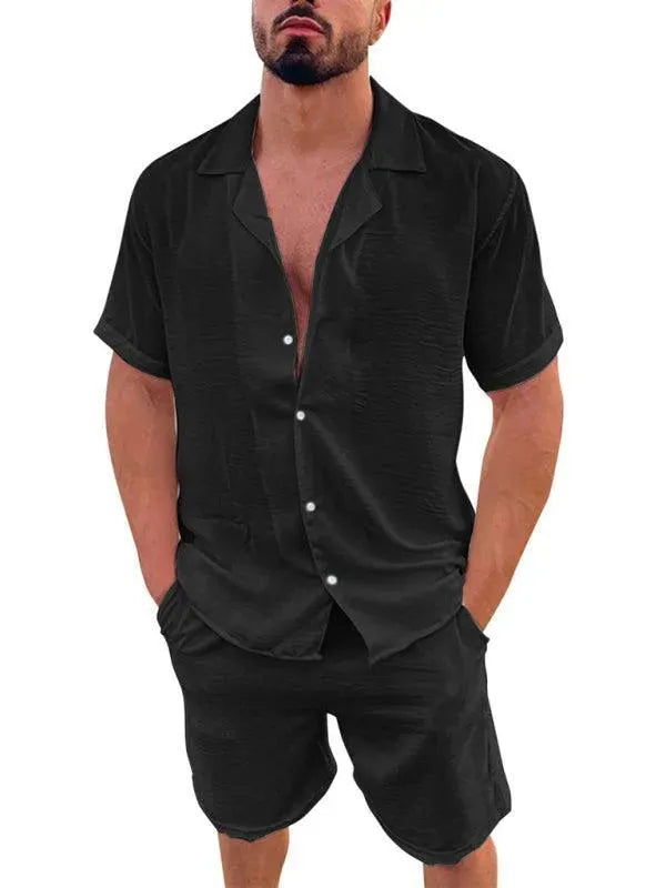 Men Relaxed Casual Linen Shorts Set - Solid Casual Shorts Two-Piece Set - LeStyleParfait