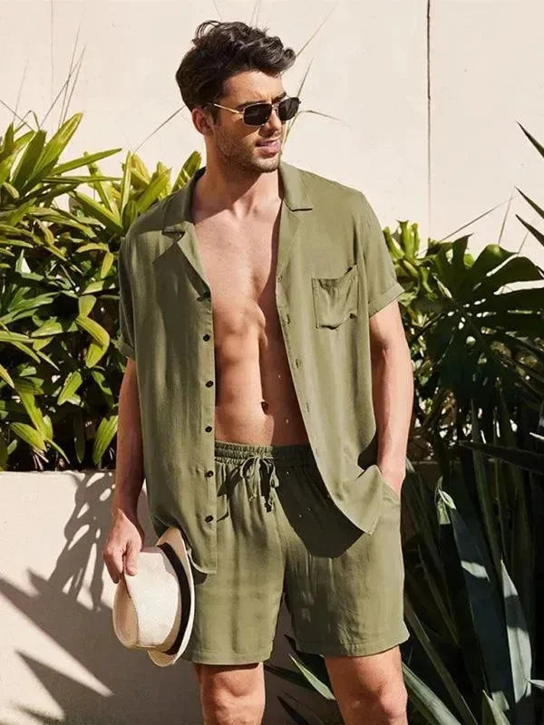 Men Relaxed Casual Olive Shorts Set - Solid Casual Shorts Two-Piece Set - LeStyleParfait