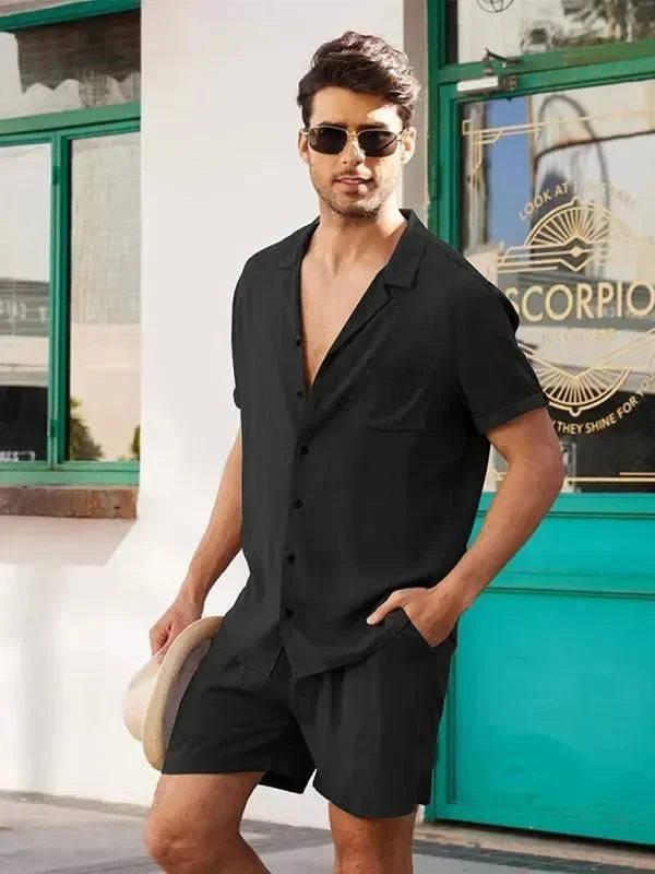 Men Relaxed Casual Olive Shorts Set - Solid Casual Shorts Two-Piece Set - LeStyleParfait