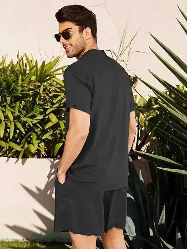 Men Relaxed Casual Olive Shorts Set - Solid Casual Shorts Two-Piece Set - LeStyleParfait