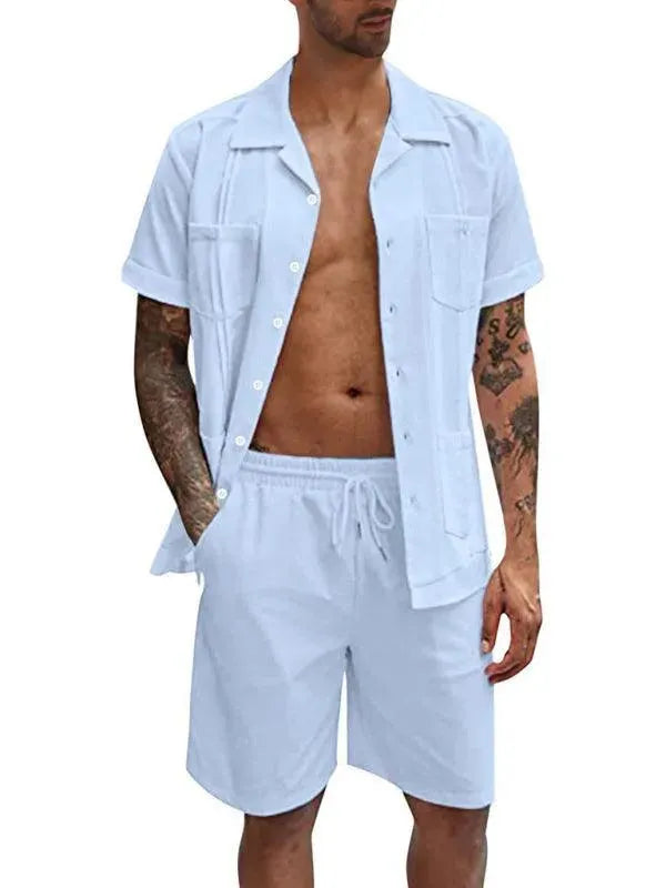 Men Relaxed Casual White Cotton Shorts Set - Solid Casual Shorts Two-Piece Set - LeStyleParfait