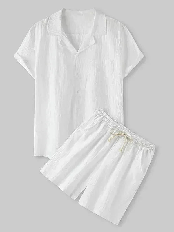 Men Relaxed Classic Linen Shorts Set - Solid Shorts Two-Piece Set - LeStyleParfait