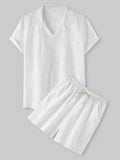 Men Relaxed Classic Linen Shorts Set - Solid Shorts Two-Piece Set - LeStyleParfait