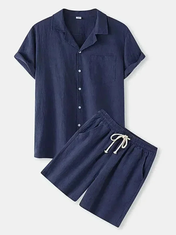 Men Relaxed Classic Linen Shorts Set - Solid Shorts Two-Piece Set - LeStyleParfait