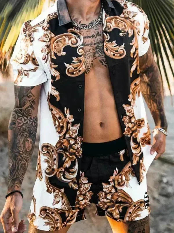 Men Shorts Set Two-Piece Outfit Ethnic Collarless Long Sleeve Relaxed Fit Polyester Summer Beach | LeStyleParfait fashion image