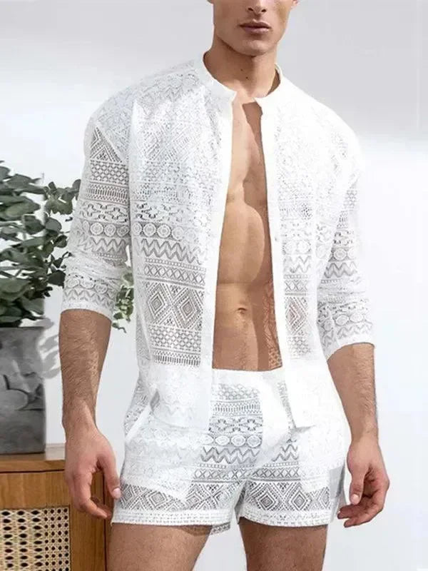 Men Relaxed Ethnic Mesh Shorts Set - Ethnic Casual Shorts Two-Piece Set - LeStyleParfait fashion image
