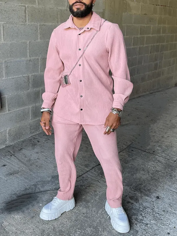 Men Casual Set Two-Piece Striped Button-Down Long Sleeve Relaxed Fit Cotton Spring Casual | LeStyleParfait