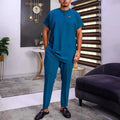 Men Relaxed Teal Casual Two-Piece Set - Solid Casual Trousers Two-Piece Set - LeStyleParfait