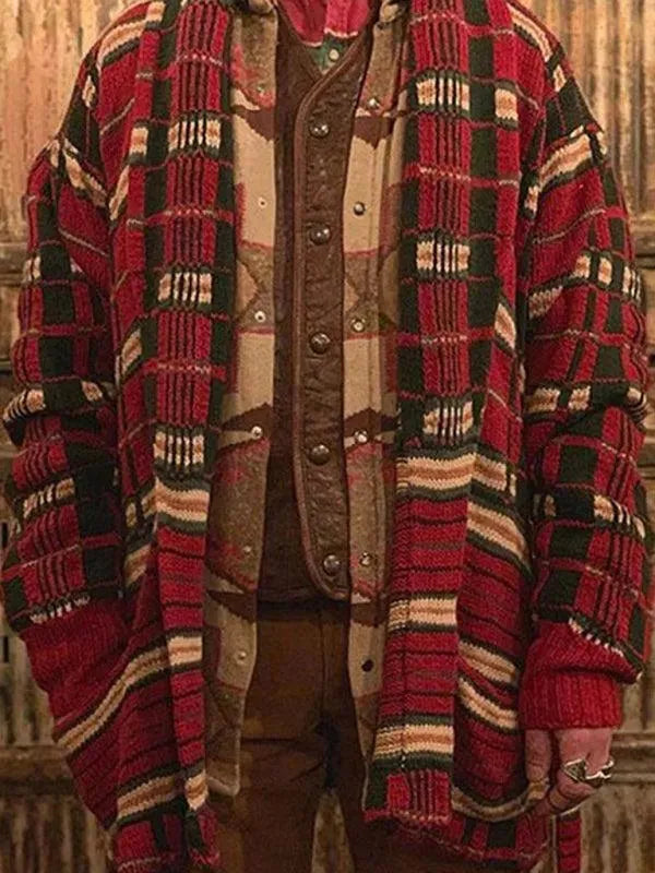Men’s Plaid Longline Cardigan Sweater – V-Neck Button