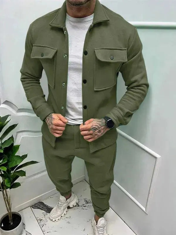 Men Stylish Buttoned Jogger Two-Piece Set - Solid Jogger Two-Piece Set - LeStyleParfait